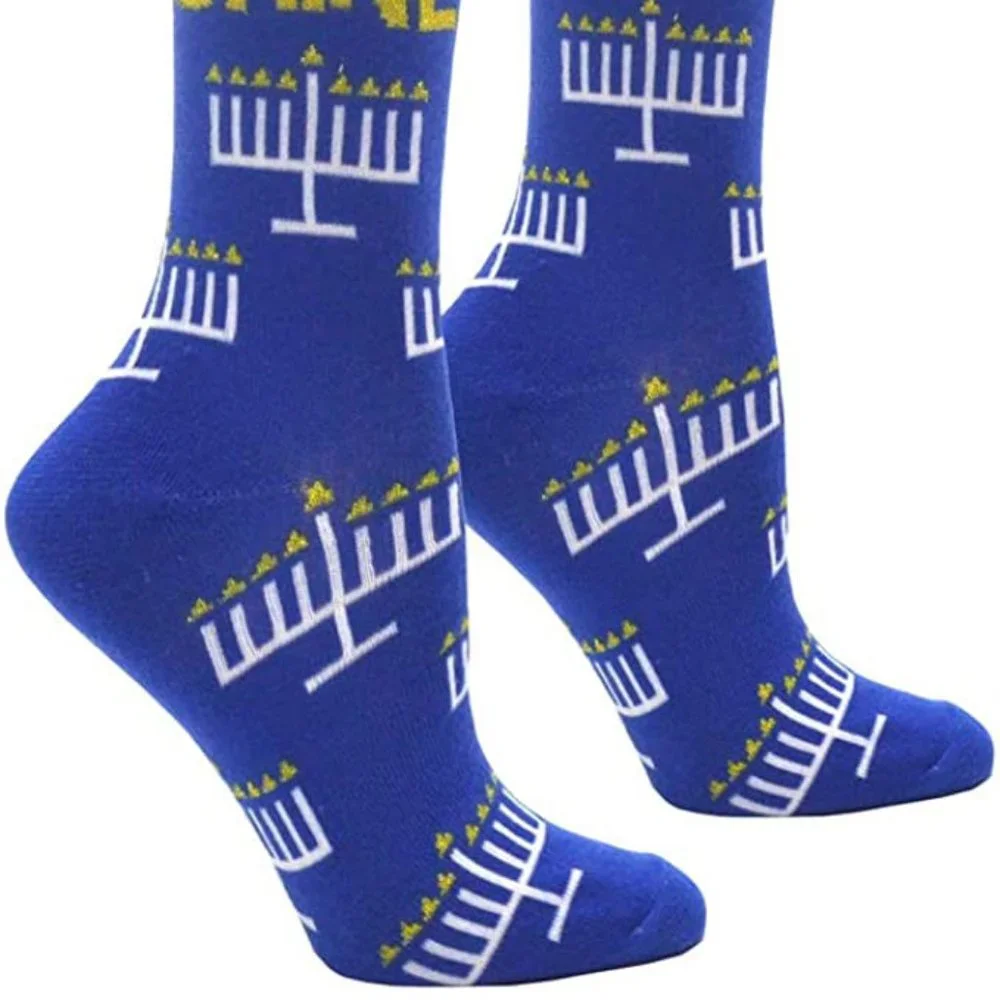 NWT Happy Hanukkah Menorah Novelty Crew Socks‎ Shoe 4 10 Jewish Holiday Gift